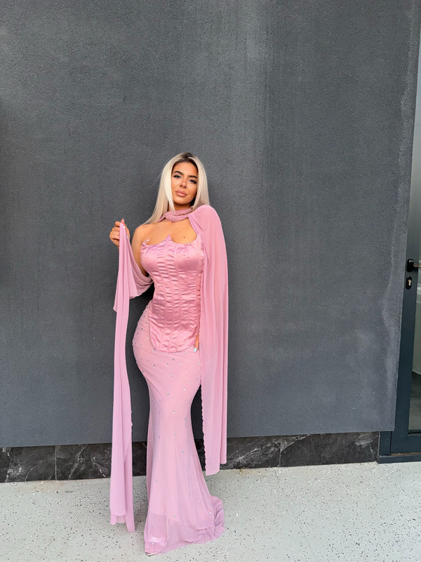 ✨ Elegantna roze maxi haljina sa korzetom i kristalnim detaljima ✨