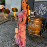 Elegantna ženska maxi haljina u rozoj akvarel šari – svečani model🤍 - slika 4